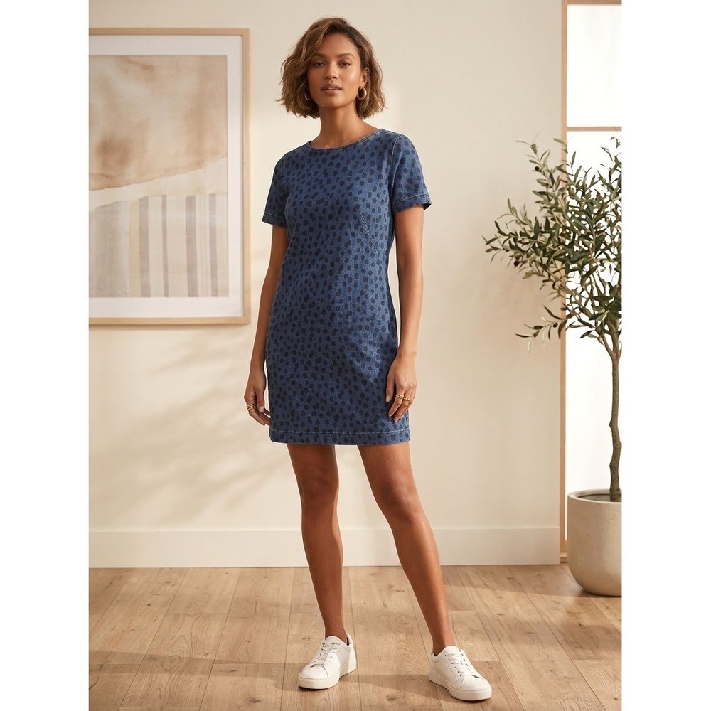 Boden Blue Polka Dot Denim Shift Mini Dress Short Sleeve Pockets Size 10R